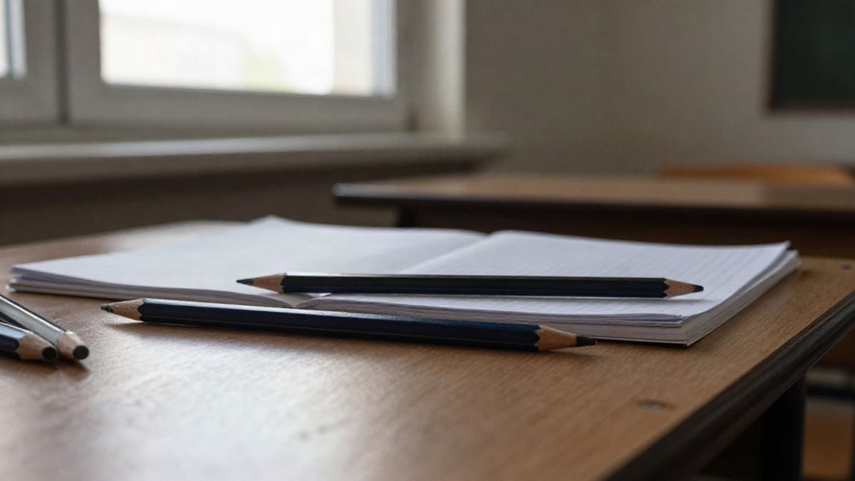 Imagen ilustrativa: detalle de un pupitre escolar de madera con lápices y un cuaderno abierto
