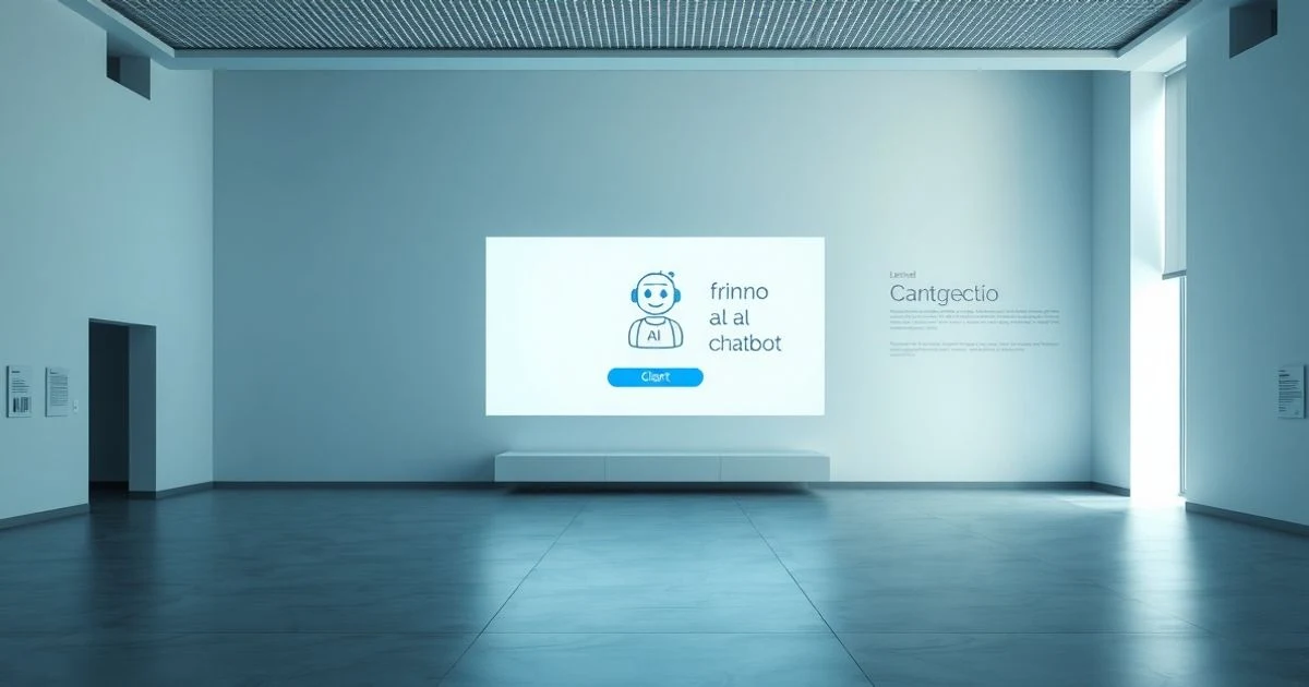 Pantalla digital con interfaz de chatbot en un museo vacío con luz natural