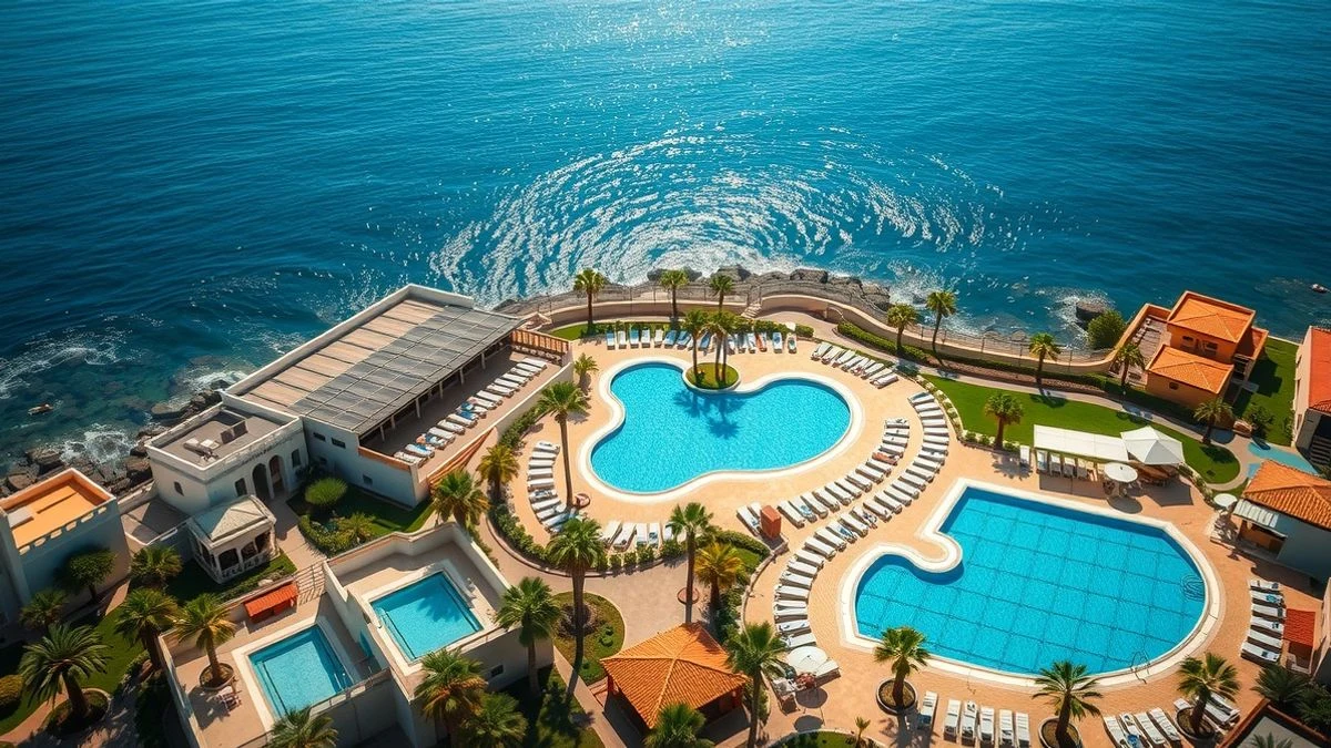 Imagen ilustrativa: vista aérea de un complejo hotelero en la costa con piscinas y hamacas en un día soleado de verano