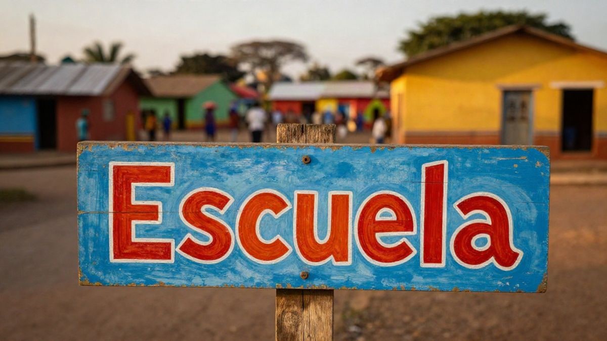 Imagen ilustrativa: detalle de un cartel de madera pintado con la palabra 'Escuela' en un entorno africano