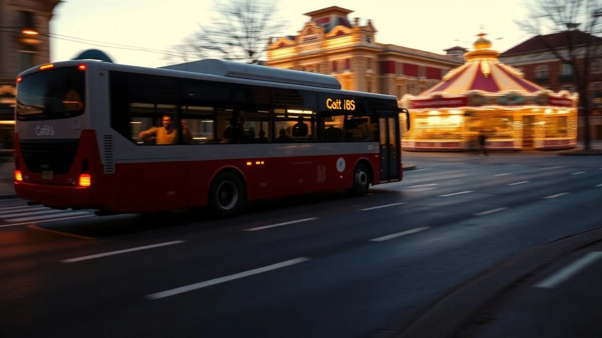 Imagen ilustrativa: un autobús urbano circula al atardecer por una carretera con farolas encendidas y un fondo de luces festivas difuminadas.