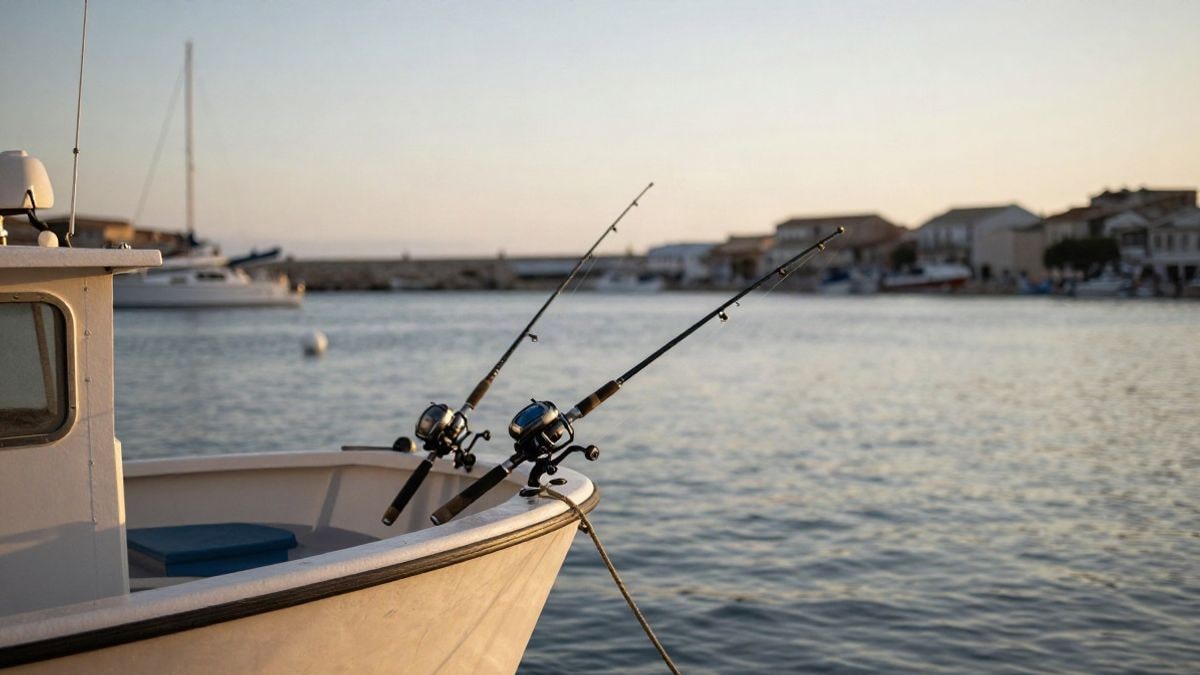Imagen ilustrativa: cañas de pesca deportiva instaladas en la popa de una embarcación amarrada en un puerto mediterráneo al atardecer