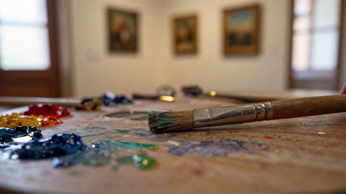 Imagen ilustrativa: primer plano de un pincel sobre una paleta con pintura al óleo en una sala de exposiciones