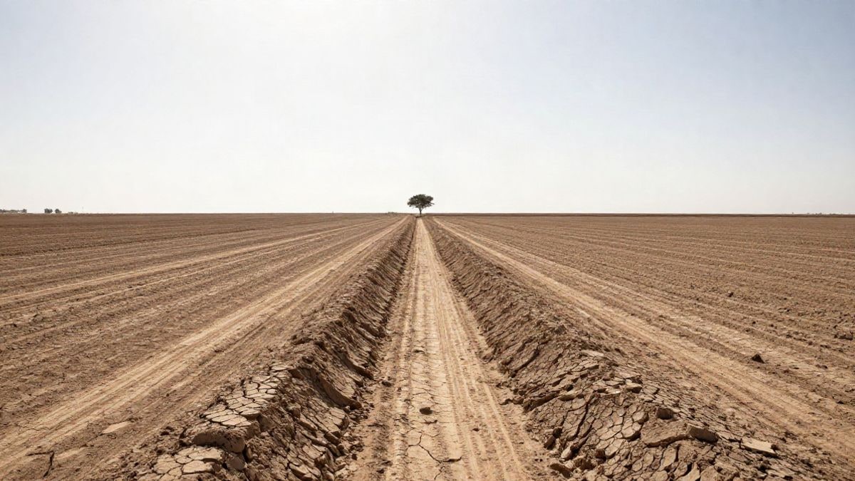 Illustrative image: dry farmland with an empty irrigation canal under a clear sky