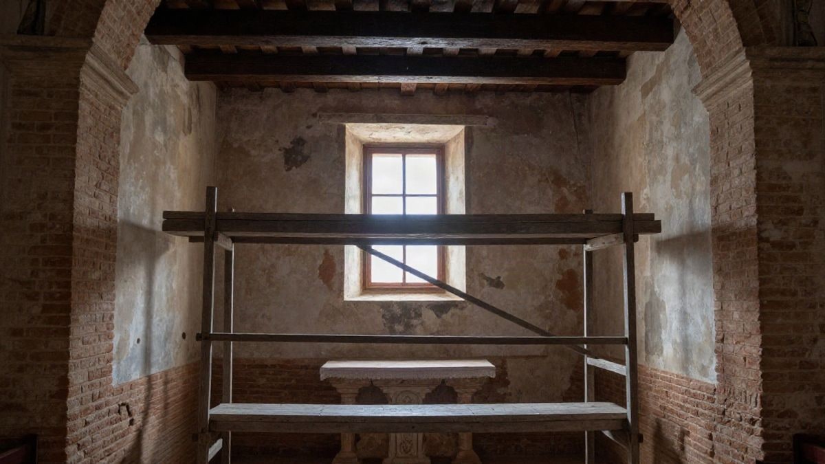 Imagen ilustrativa: interior de una capilla histórica con andamio y luz lateral de ventana sobre muros de ladrillo