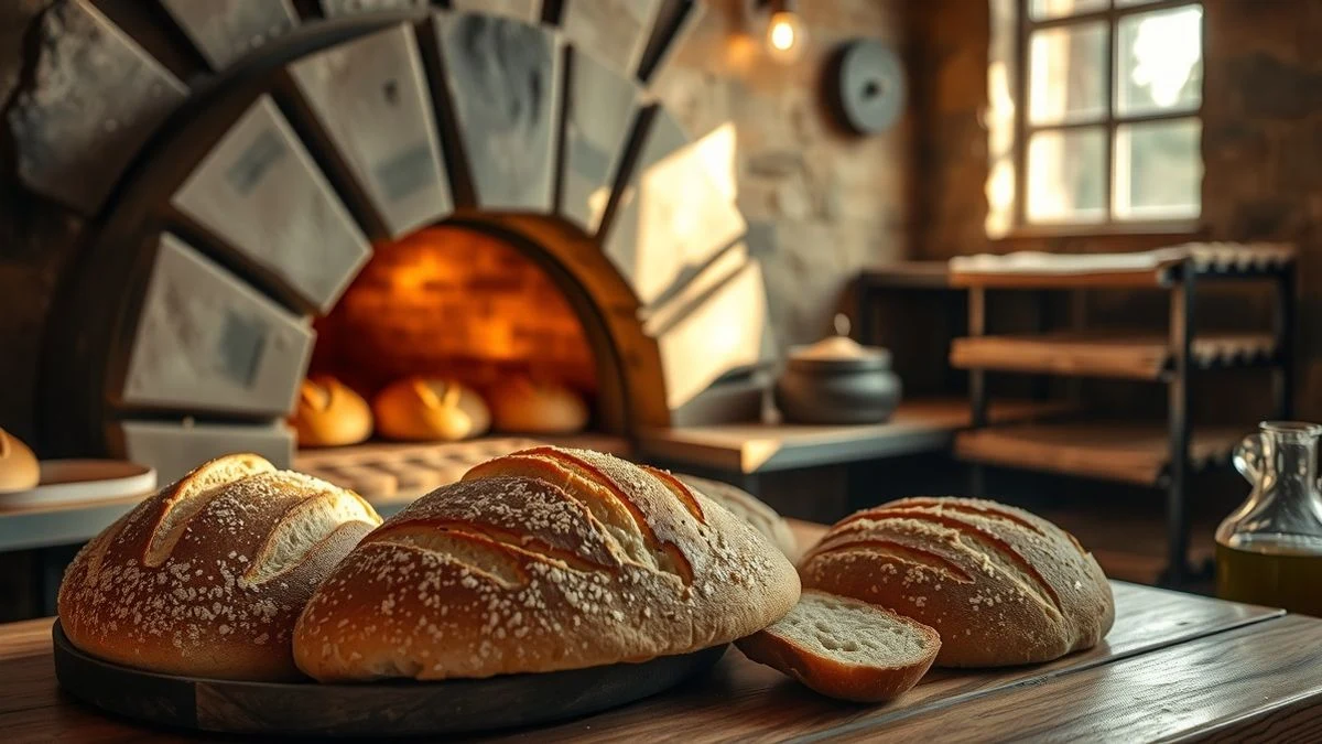Imagen ilustrativa: un horno de piedra en una panadería tradicional andaluza con molletes recién horneados sobre una mesa de madera y aceite de oliva.