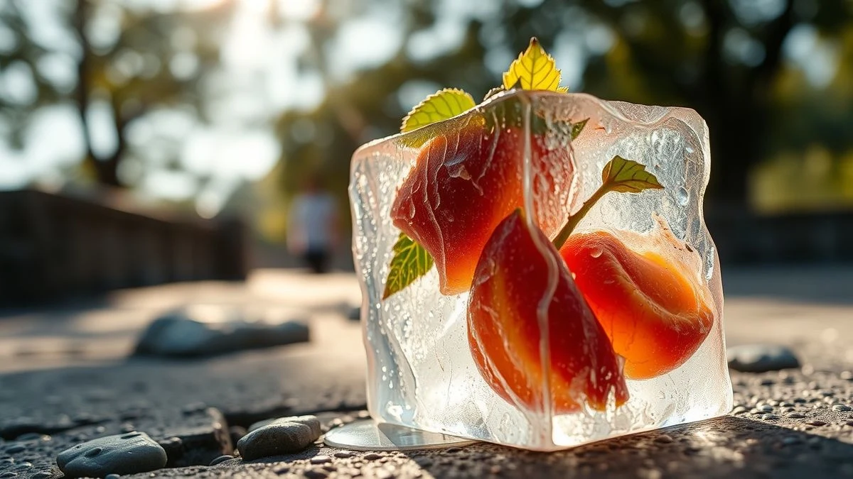 Imagen ilustrativa: un bloque de hielo con frutas y hojas sobre una superficie de piedra, con luz natural tamizada.