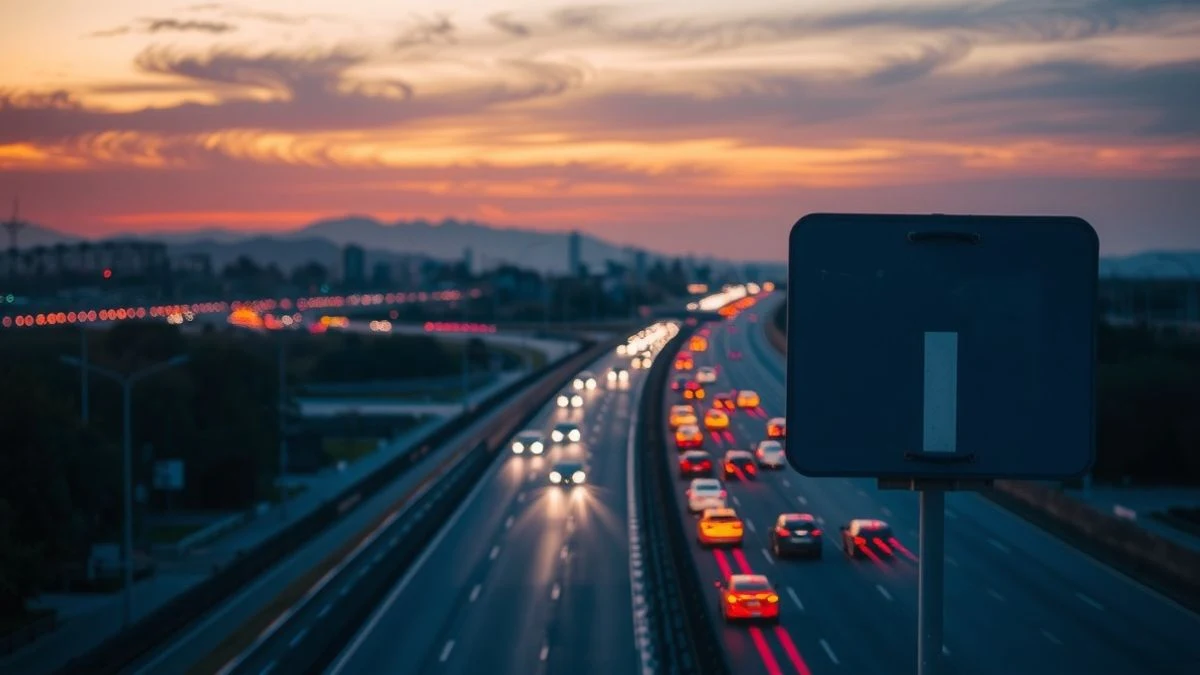 Imagen ilustrativa: una autovía con tráfico intenso al atardecer, con estelas de luz y un cartel de carretera en primer plano.