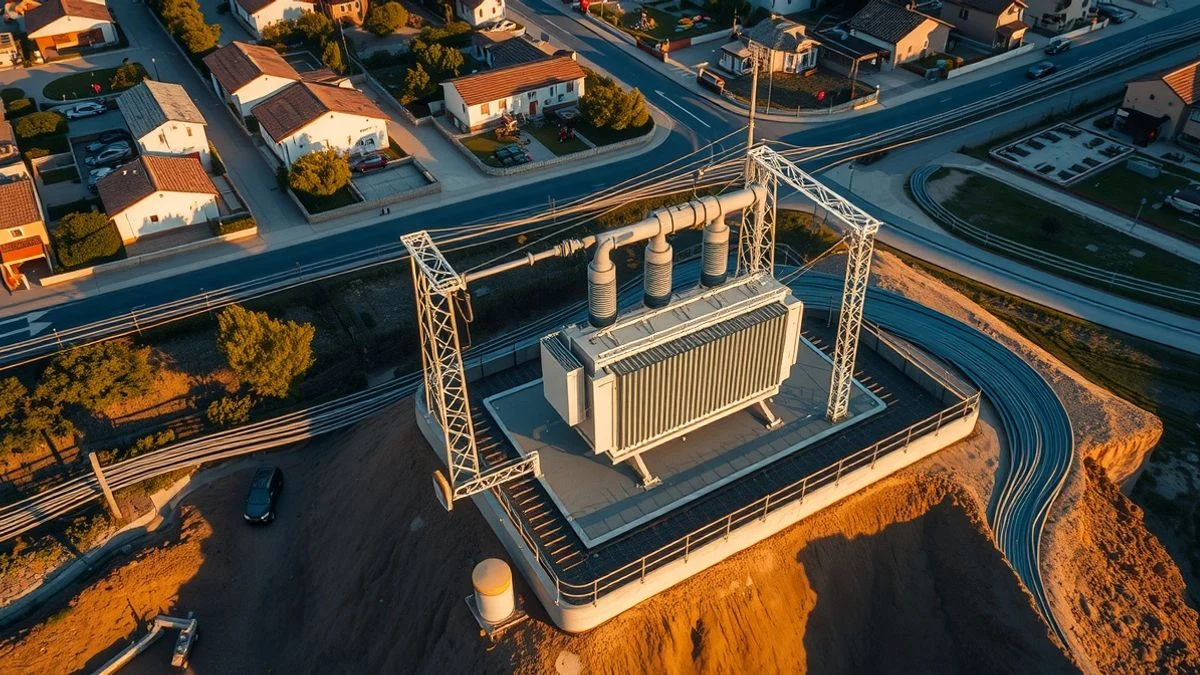 Vista aérea de un centro de transformación eléctrico nuevo en una barriada de Mijas con zanjas de cableado