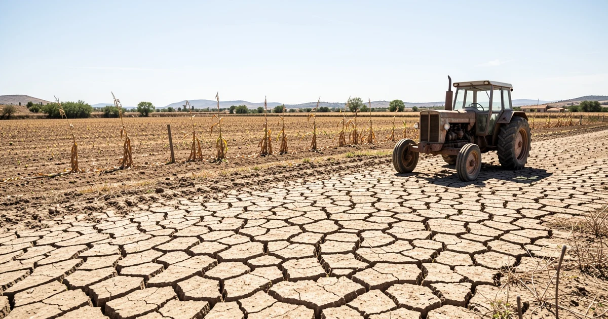 Dry and cracked field with wilted crops and a parked tractor