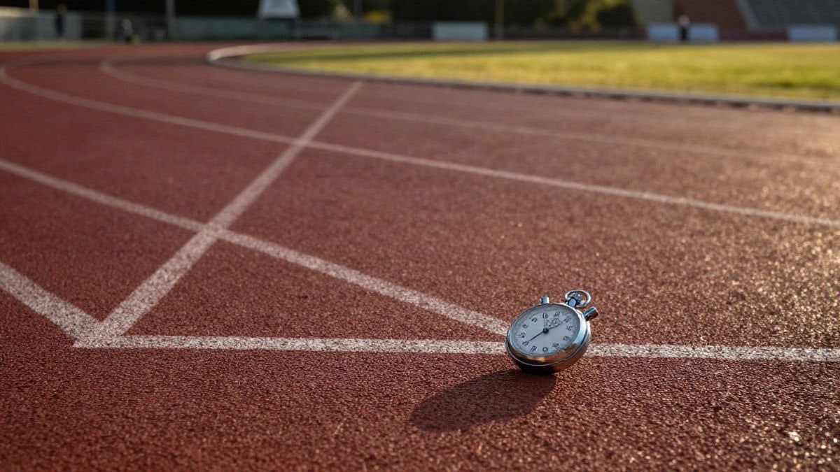 Imagen ilustrativa: una pista de atletismo con la línea de meta y un cronómetro en primer plano, iluminada por la luz del atardecer.