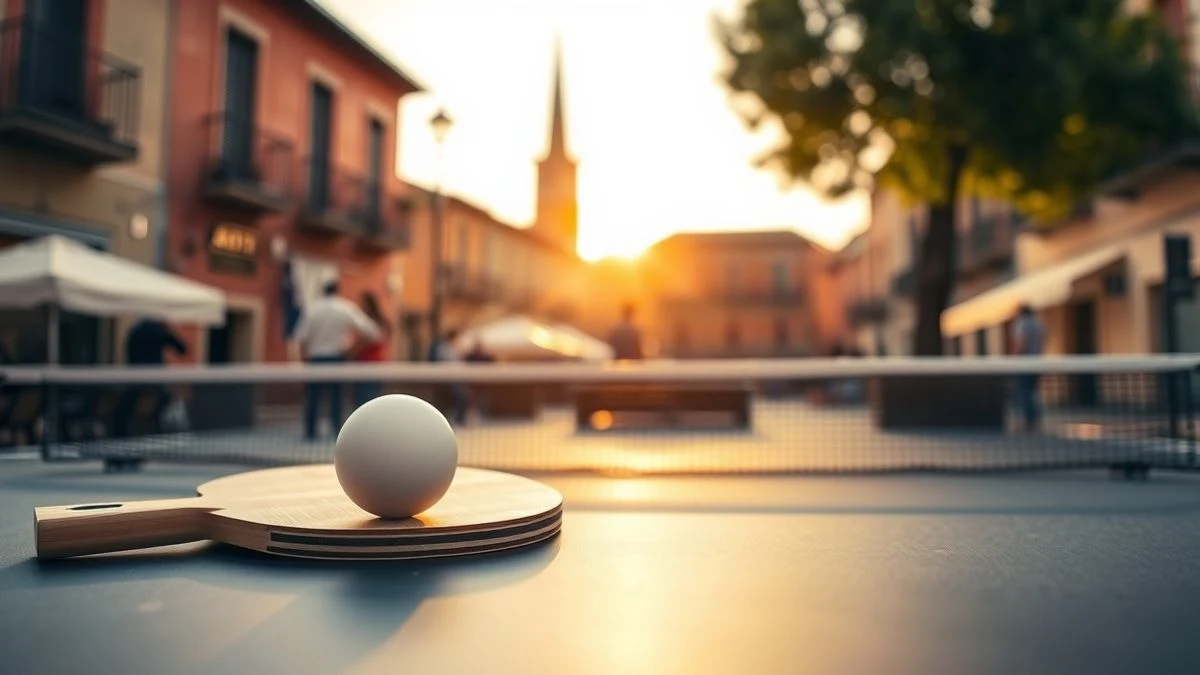 Imagen ilustrativa: una pala de ping-pong y una pelota sobre una mesa de tenis de mesa al aire libre, con fondo desenfocado de un pueblo al atardecer.