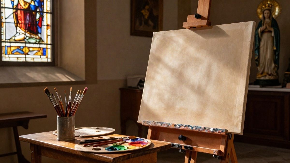 Illustrative image: an easel with a blank canvas inside a church with light from a side window