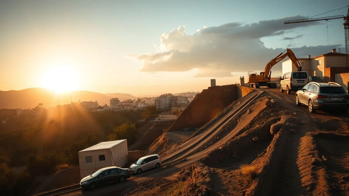 Imagen ilustrativa: una zona excavada en una colina al atardecer, con sombras largas y un pueblo mediterráneo al fondo.