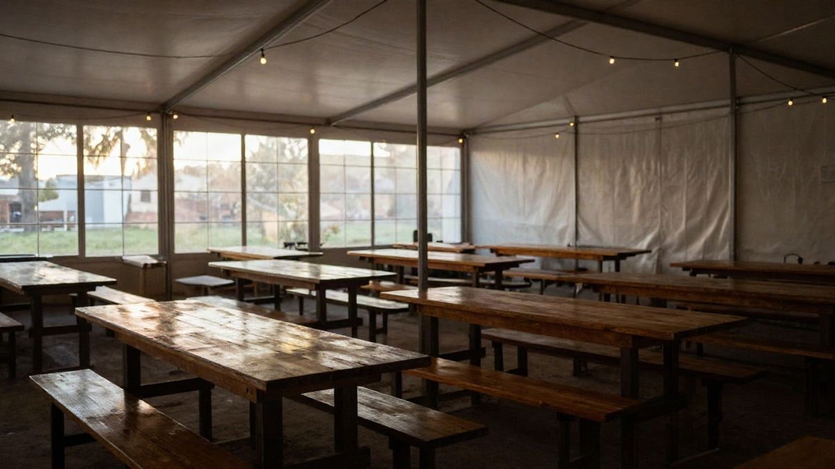 Imagen ilustrativa: carpa de eventos con mesas de madera y luces colgantes iluminada por luz lateral de ventana