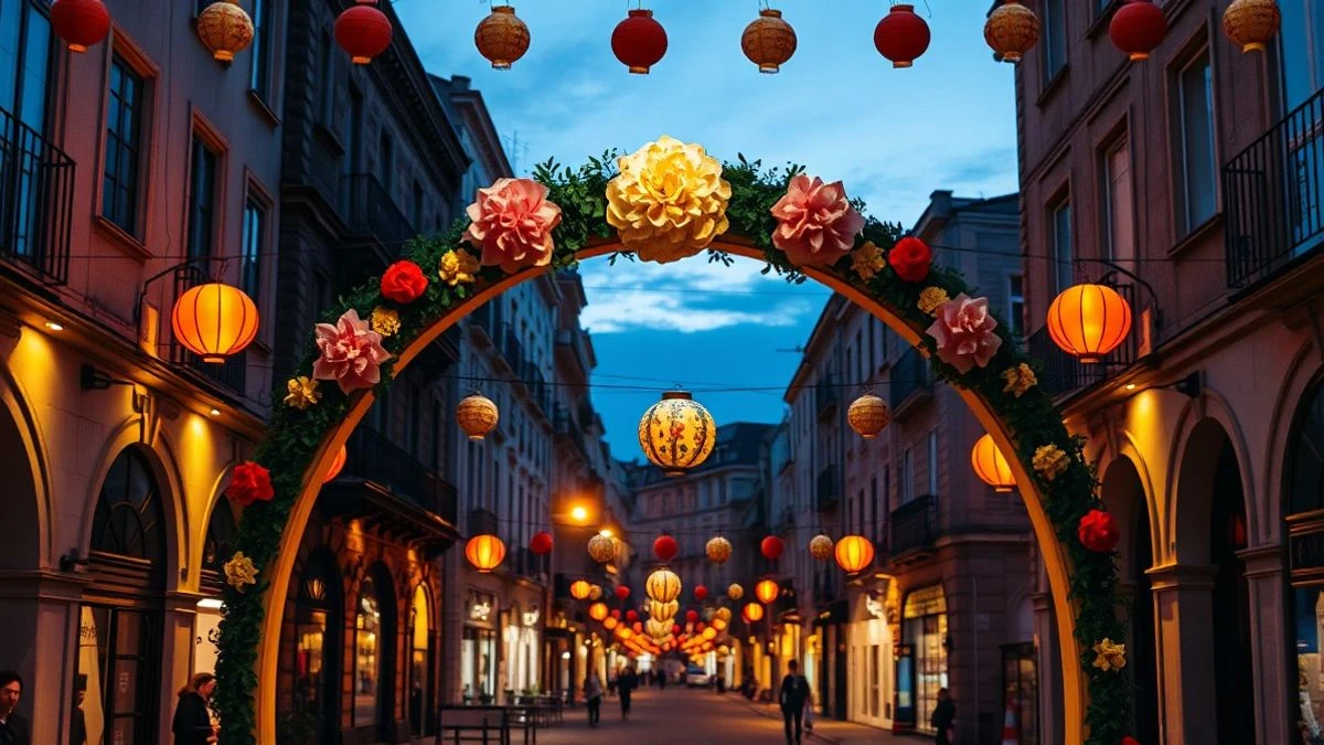 Imagen ilustrativa: arco decorado con farolillos y motivos florales en una calle festiva al atardecer