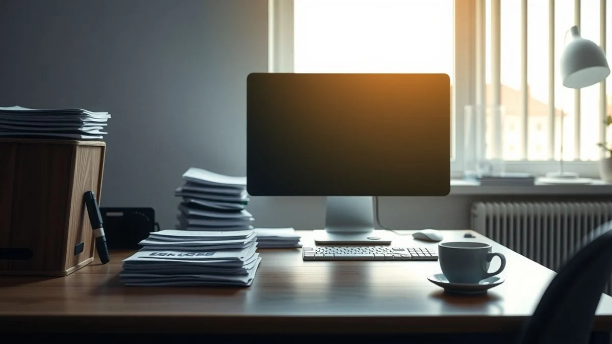 Illustrative image: an empty office desk with a computer, papers, and a coffee mug, illuminated by morning light.
