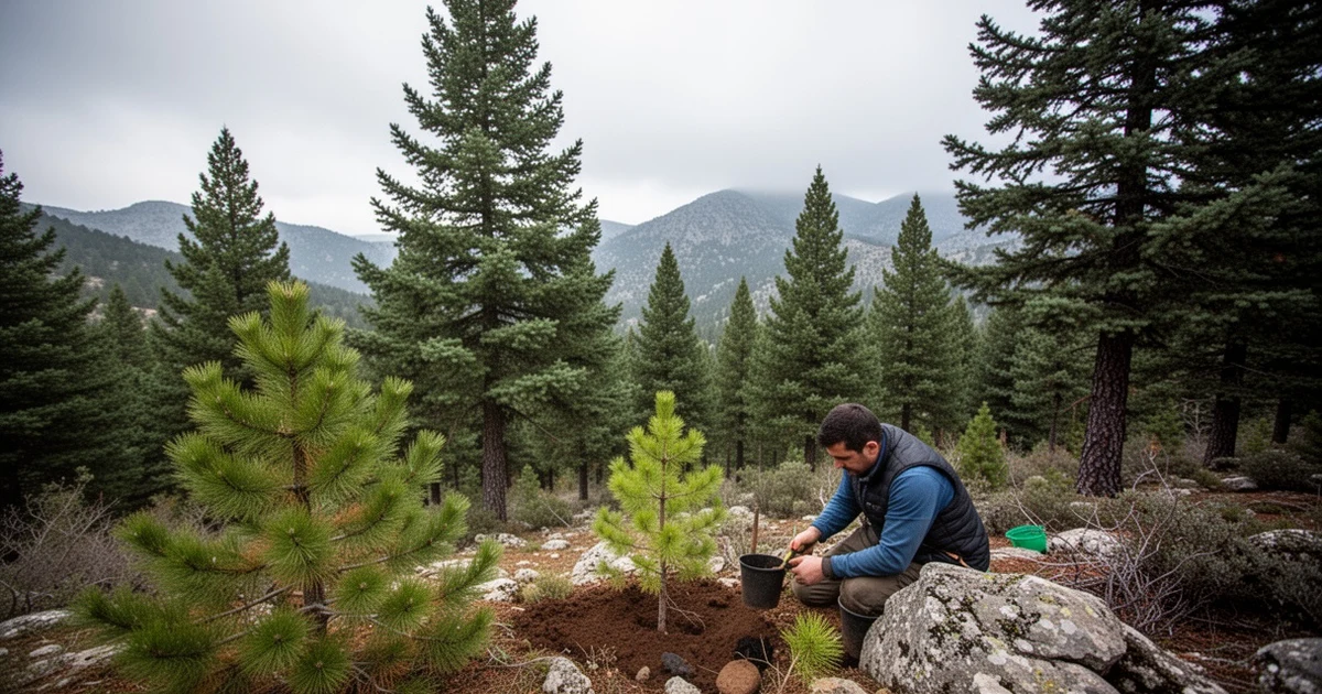 Reforestation of pinsapo in the Serranía de Ronda, with a worker planting a tree