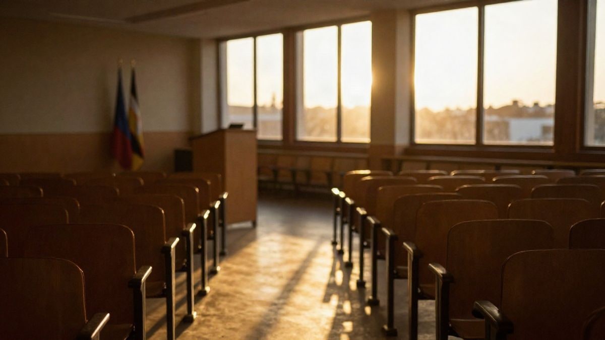 Imagen ilustrativa: sala de conferencias con asientos vacíos y luz cálida al atardecer