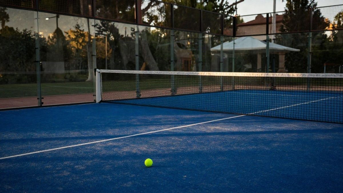 Imagen ilustrativa: una pista de pádel vacía al atardecer, con una pelota sobre el suelo y luz cálida.