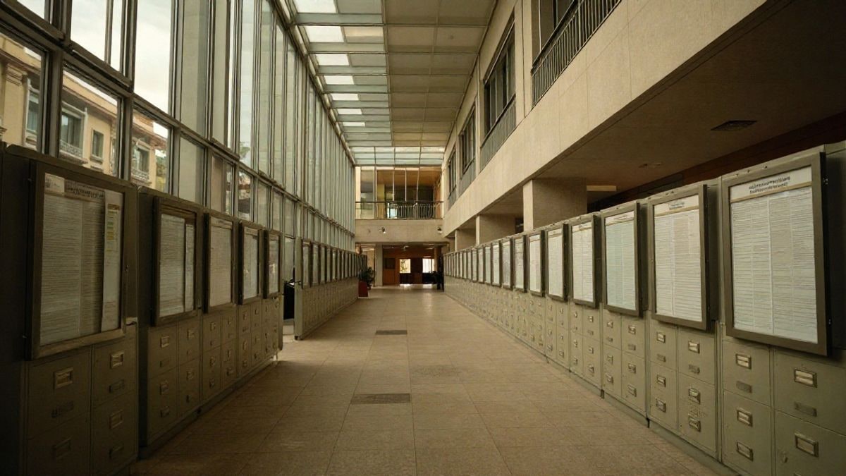 Illustrative image: corridor of a modern institutional building with glass panels and empty notice boards