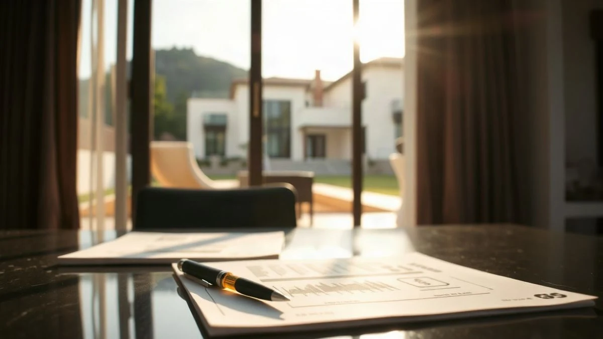 Imagen ilustrativa: escritorio de una oficina inmobiliaria con documentos y una pluma, con una mansión de fondo a través de la ventana.