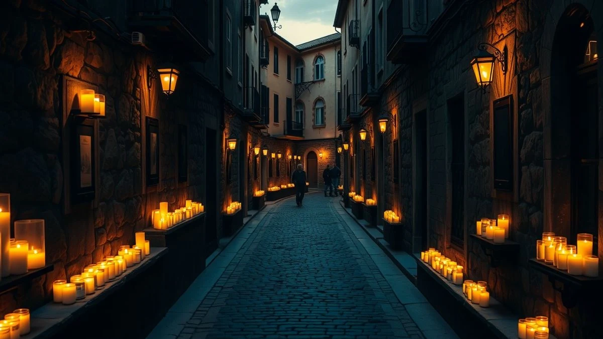 Illustrative image: cobbled street in a historic town lit by candles at sunset, with an old building in the background.