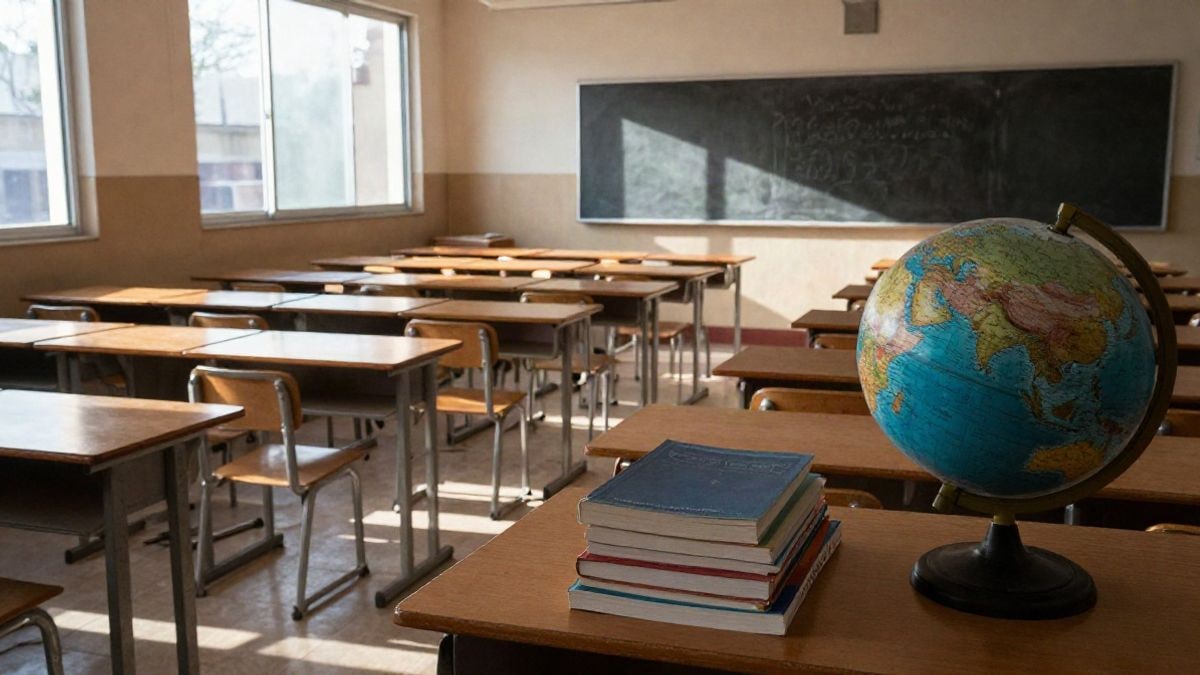 Illustrative image: empty classroom with aligned desks and natural light coming through the windows