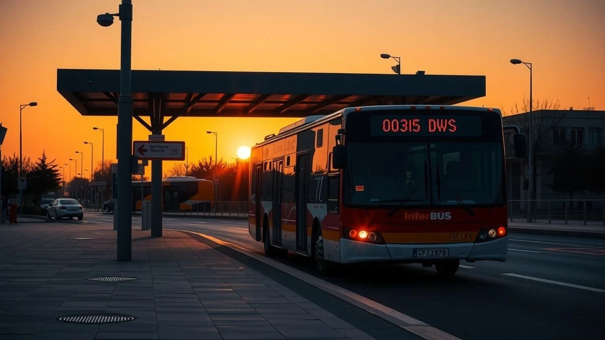 Illustrative image: a bus station at sunset with an intercity bus leaving, silhouetted against the orange sky.