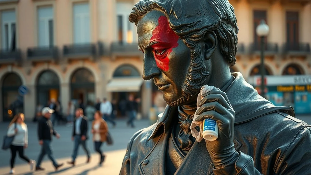 Estatua del Marqués de Larios con pintada roja siendo limpiada por un operario municipal en el centro de Málaga