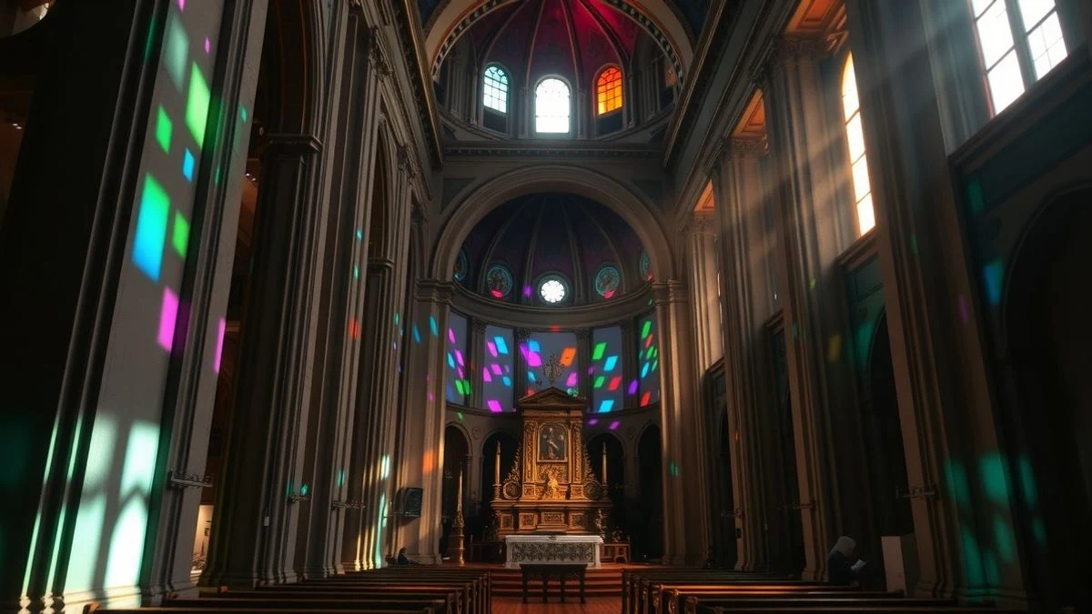 Interior of the Real Colegiata de Santa María la Mayor with colourful light projections on the altar and columns