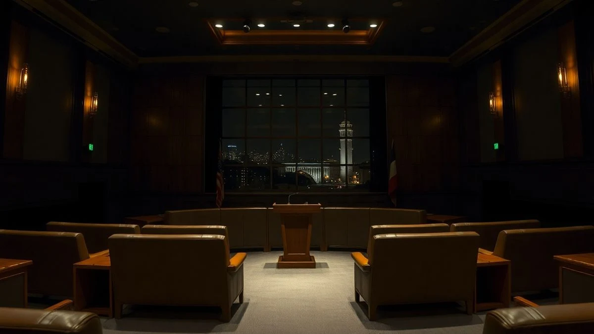 Empty plenary hall with a lit lectern and windows in the background showing the city at night