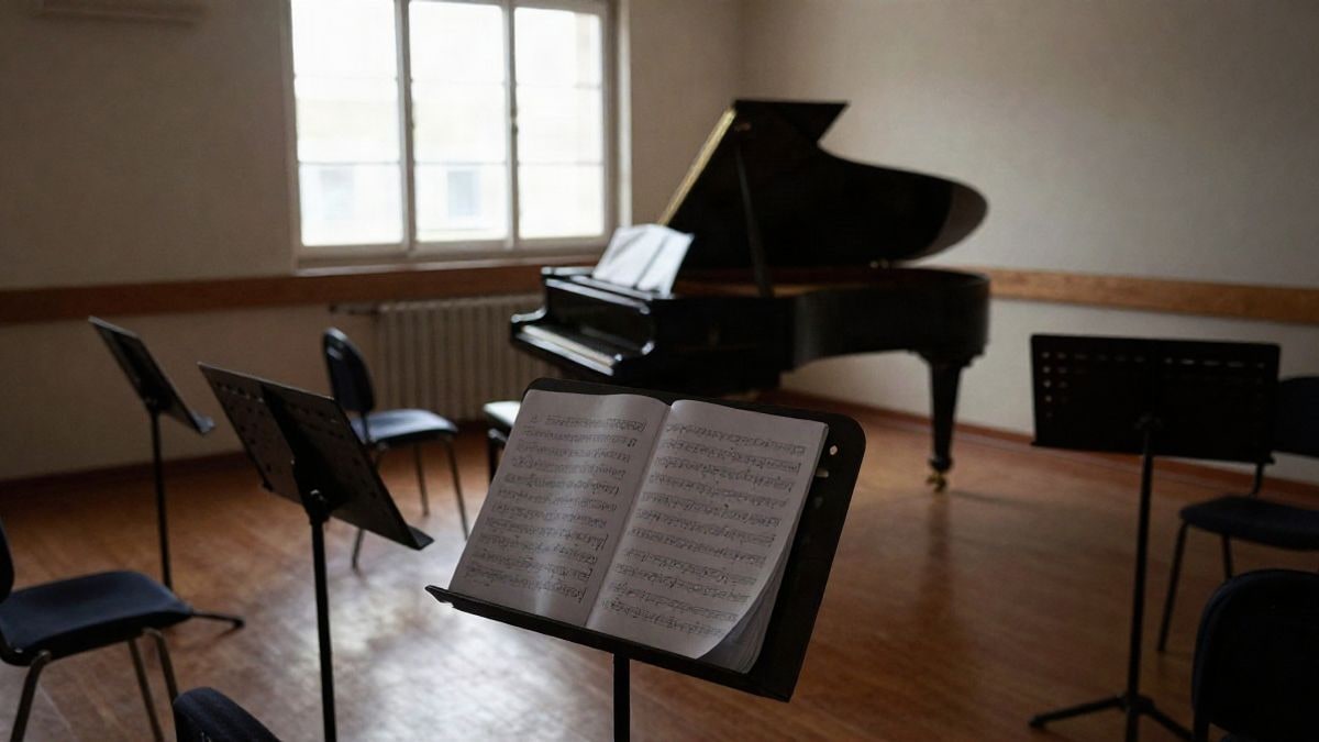 Illustrative image: empty music classroom with piano and music stands under the light of a window