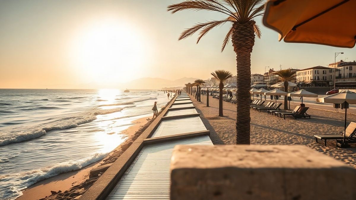 Imagen ilustrativa: paseo marítimo mediterráneo al atardecer con sombrillas y hamacas en primer plano