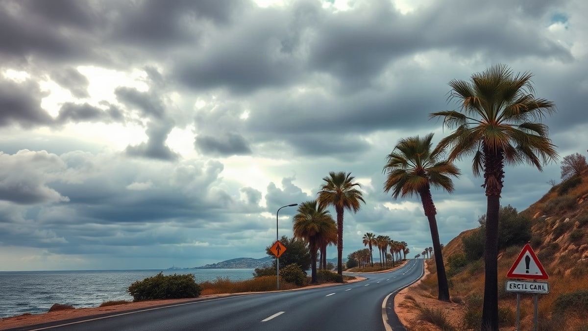 Illustrative image: a coastal road at dawn with palm trees bent by the wind and a cloudy sky
