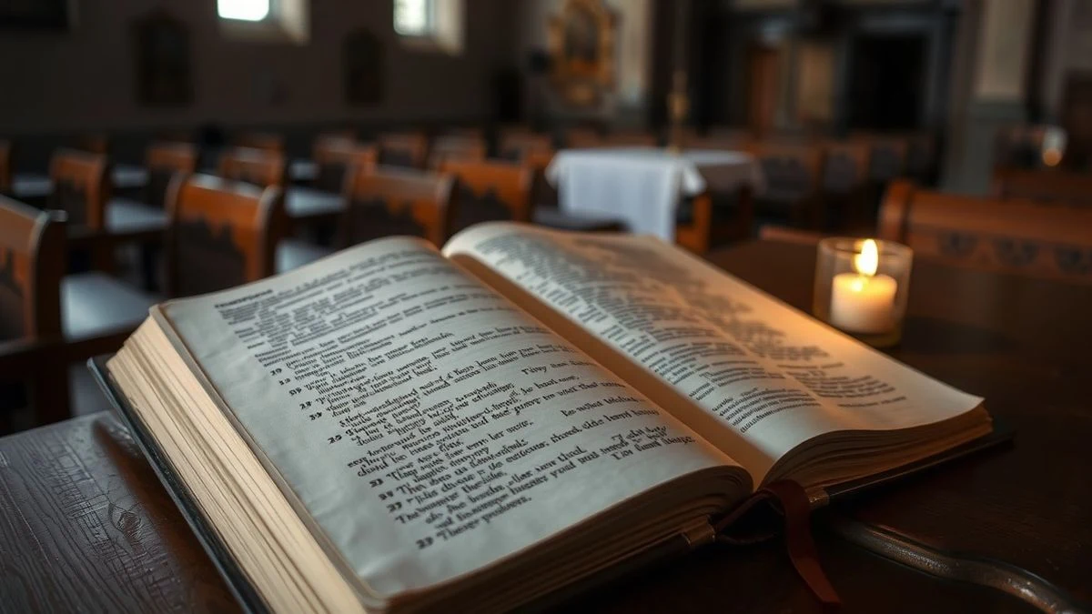 Illustrative image: an ancient Bible open on a wooden table with a lit candle in a church