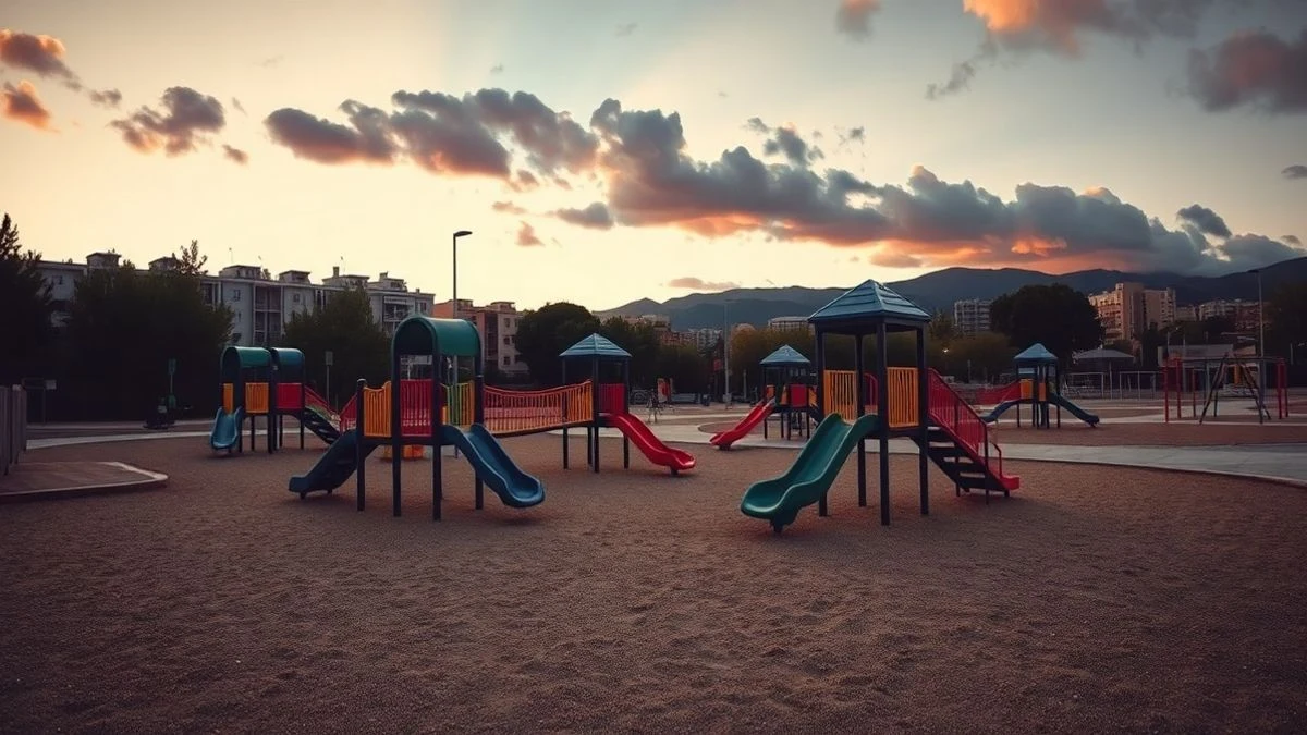 Illustrative image: a modern playground with swings and slides at sunset, with warm light and long shadows.