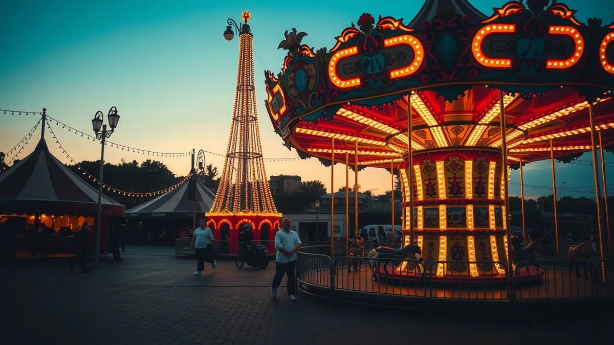 Feria de Agosto de Antequera al atardecer, con atracciones vacías y luces de colores, sin personas visibles