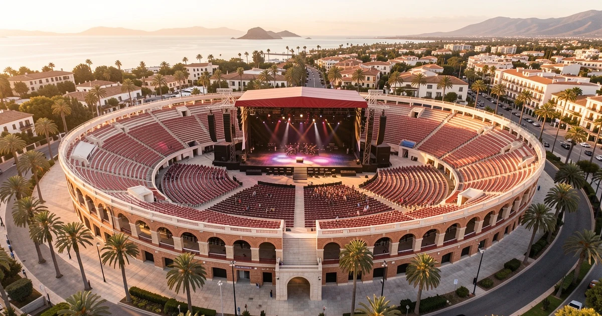 Vista aérea del Marbella Arena, antigua plaza de toros de Puerto Banús, preparado para conciertos