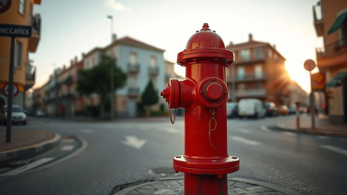 Illustrative image: a red hydrant on a street in a Spanish municipality, with buildings in the background and sunset light.