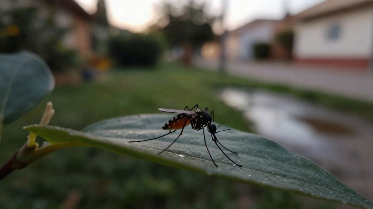 Imagen ilustrativa: un mosquito posado sobre una hoja en un entorno residencial al atardecer