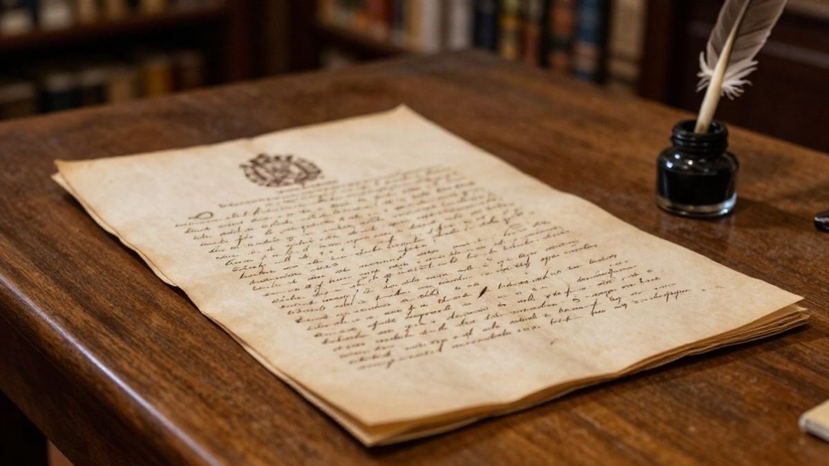 Illustrative image: an ancient document with a royal seal on a wooden table in an archive