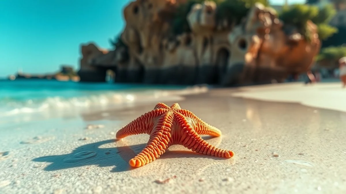 Imagen ilustrativa: primer plano de una estrella de mar sobre arena mojada junto a agua turquesa, con acantilados rocosos al fondo.
