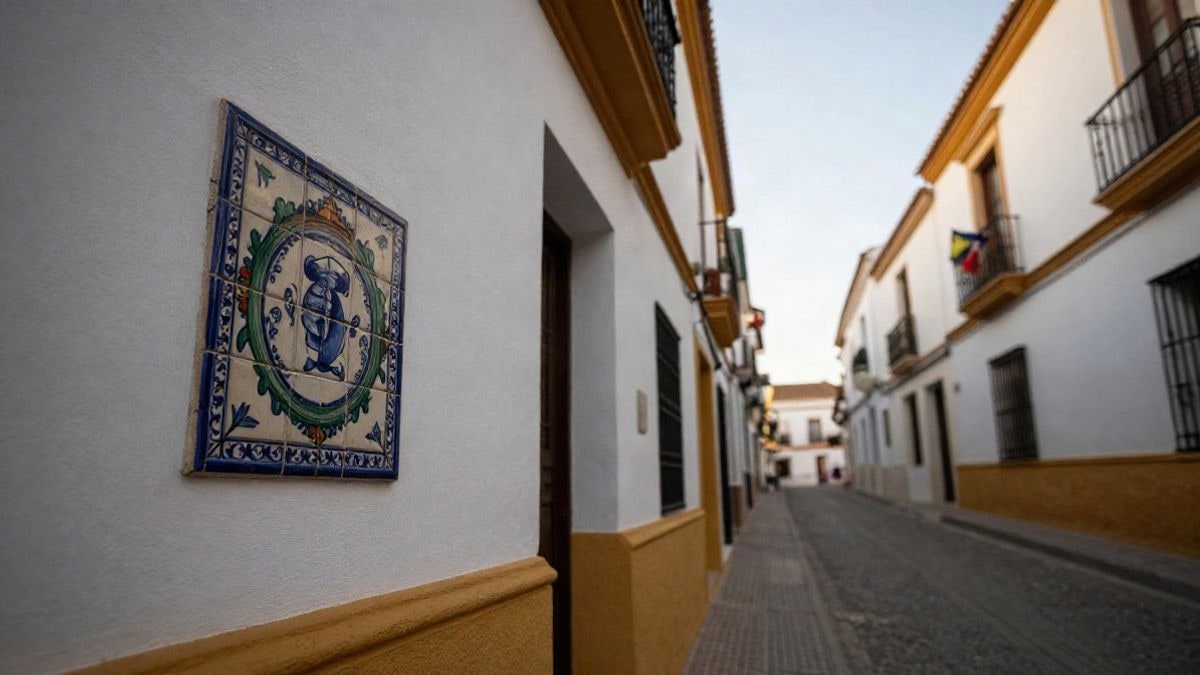Illustrative image: commemorative ceramic plaque on the façade of a whitewashed house on an Andalusian street