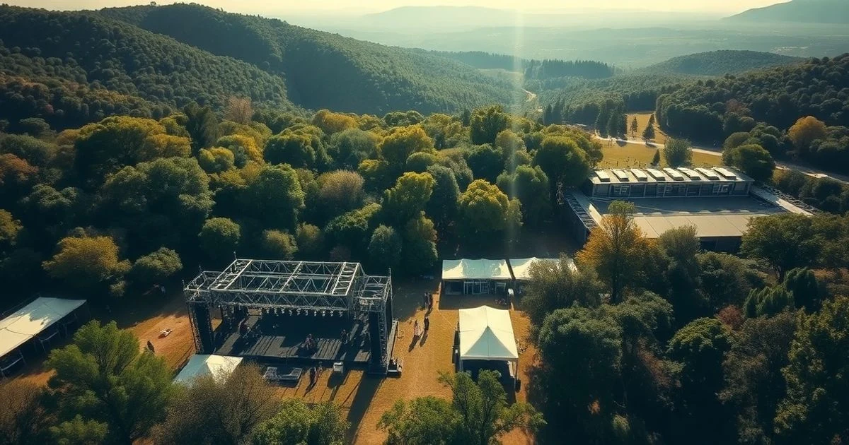 Vista aérea de un recinto de festival vacío con escenario y carpas al atardecer, rodeado de colinas verdes.