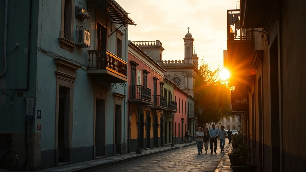 Illustrative image: a group of people in traditional costumes walking down a cobbled street in a colonial city at sunset.