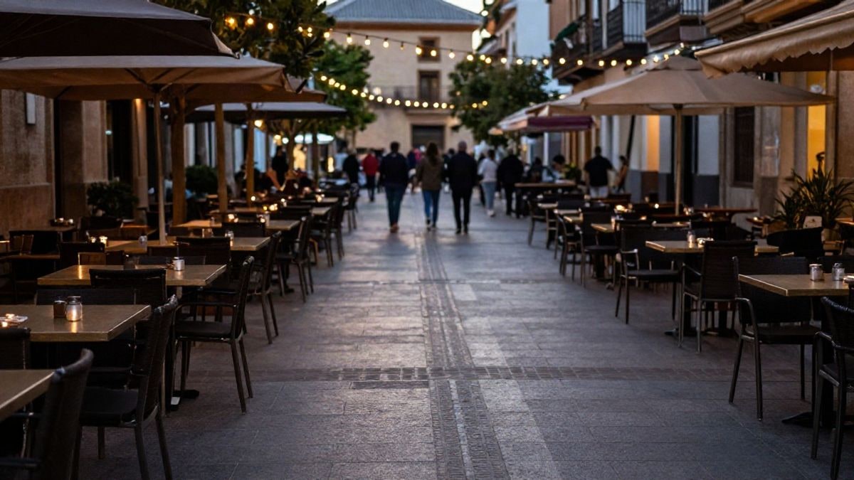 Imagen ilustrativa: terraza de bar al atardecer con mesas y sillas vacías en una plaza