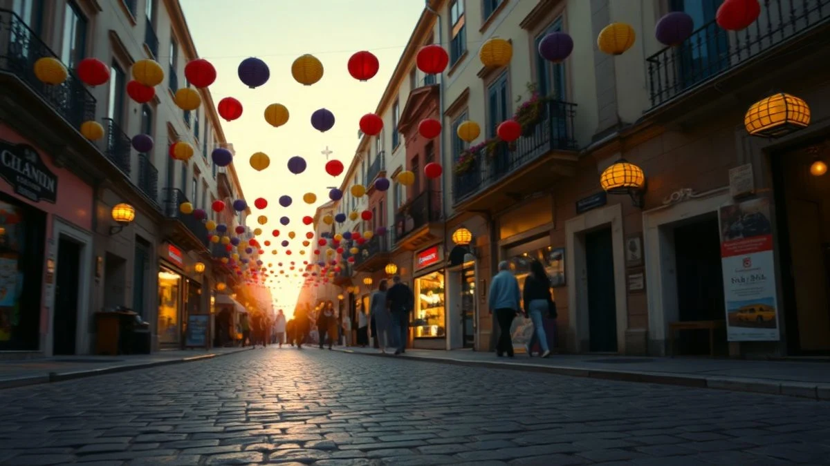 Imagen ilustrativa: calle decorada con farolillos y guirnaldas al atardecer, con personas paseando al fondo