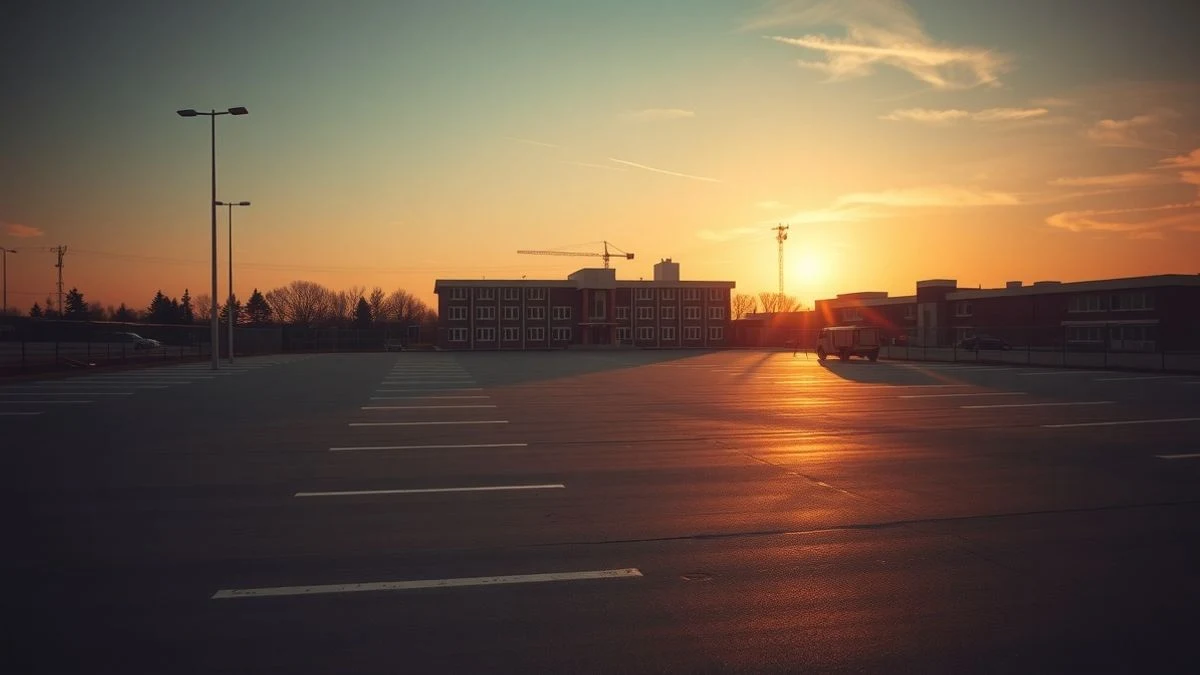 Imagen ilustrativa: un solar vacío con maquinaria de construcción al atardecer, con sombras alargadas y un edificio escolar al fondo