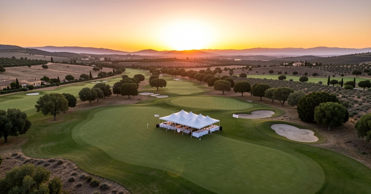 Vista aérea de un campo de golf al atardecer con una carpa de cena benéfica